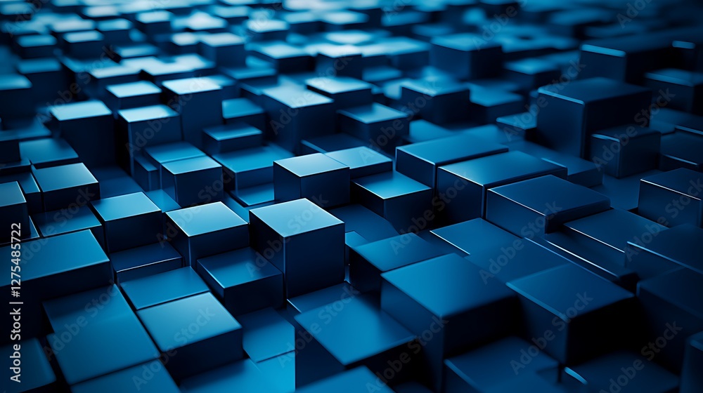 Poster blue cubes array, low-angle perspective, modern geometric abstract background, technology usage