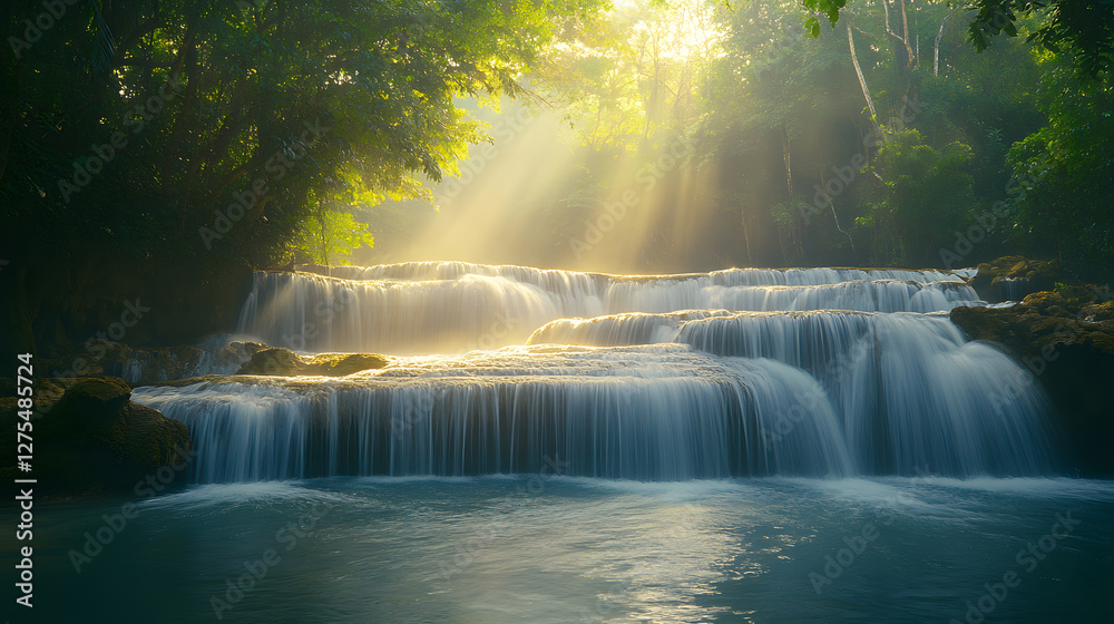 Poster A serene waterfall cascades into a tranquil pool, surrounded by lush greenery and illuminated by soft sunlight filtering through the trees