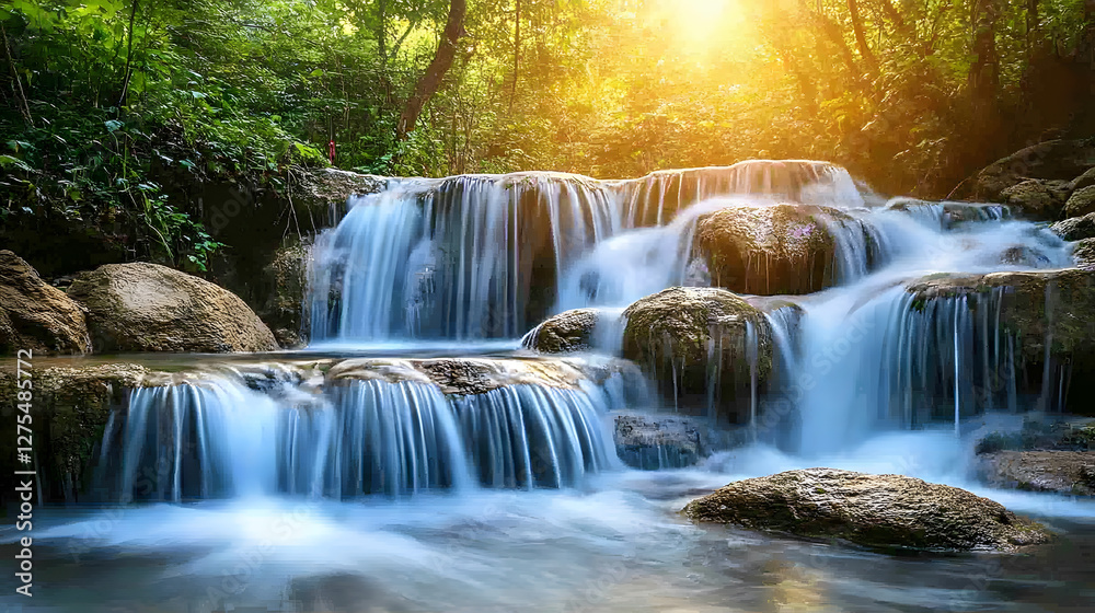 Poster a serene waterfall cascades over smooth rocks, surrounded by lush greenery and illuminated by soft s