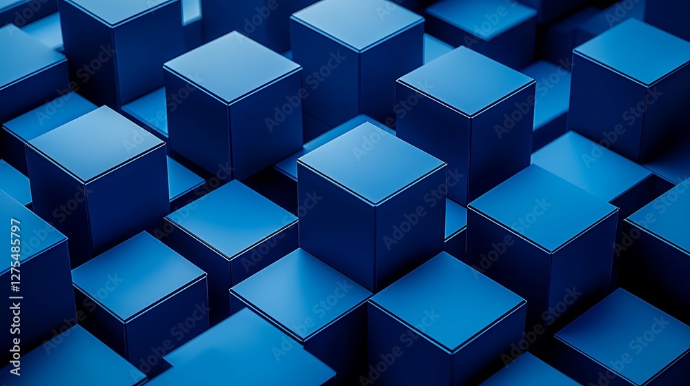 Poster Blue cubes in geometric pattern with depth effect. For technology, design, or abstract background