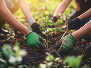 Fototapeta premium Hands planting a young tree in rich soil during a community gardening event in bright sunlight