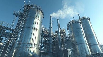 A high-tech industrial facility converting waste into diesel, featuring shiny metal tanks, intricate pipe networks, and steel walkways. Modern, sustainable, and efficient.