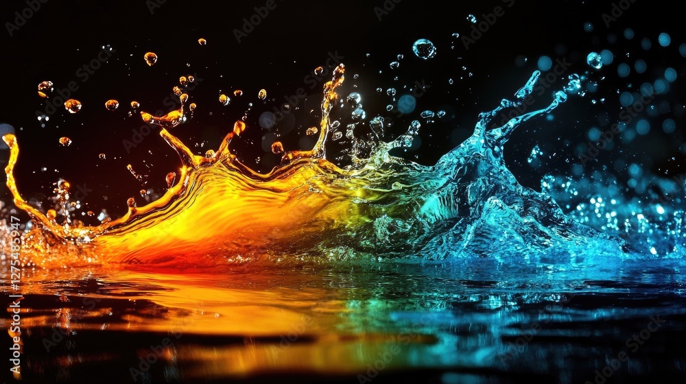 Poster glowing neon water droplets splashing and forming dynamic designs mid-air, set against a deep, dark 