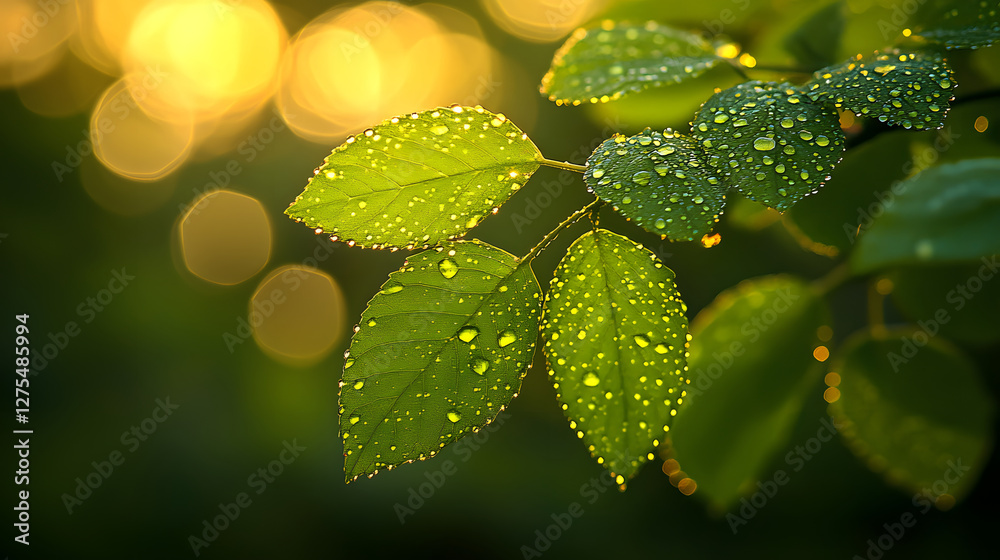 Poster a close-up of vibrant green leaves adorned with glistening droplets, illuminated by soft sunlight, c