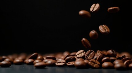 Dark roasted coffee beans falling onto a pile on a dark surface