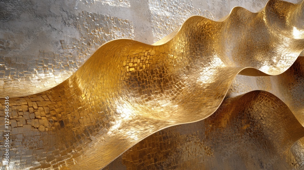 Poster Golden waves flowing in 3D with a shimmering, metallic surface, undulating in an abstract, mesmerizing design full of rich visual texture