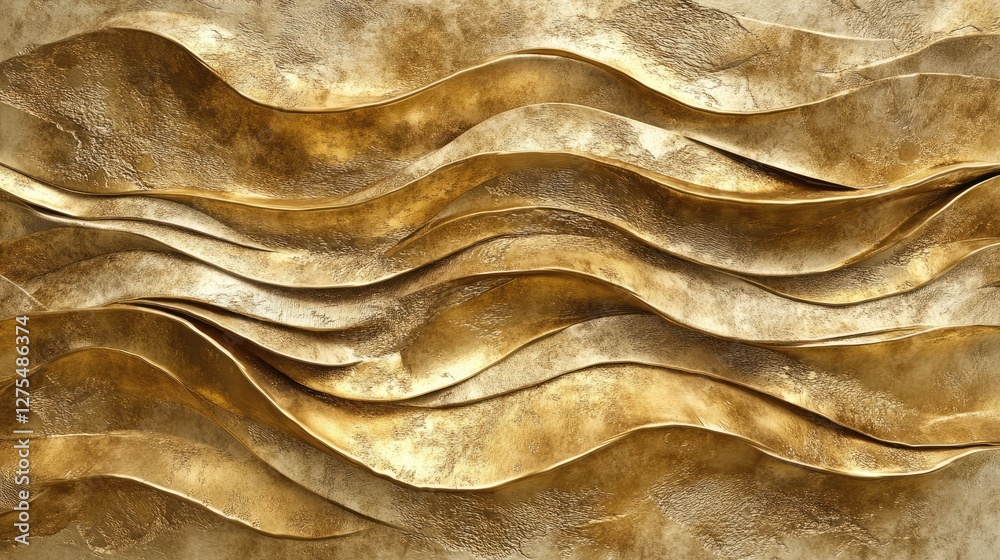 Poster Golden waves flowing in 3D with a shimmering, metallic surface, undulating in an abstract, mesmerizing design full of rich visual texture