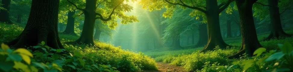 Rich gold details amidst an emerald green forest landscape, peaceful, landscape