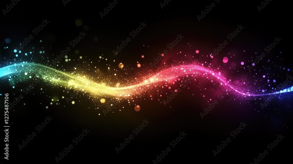 Poster light streaks in various vibrant colors mixed with sparkles, casting a festive glow in a dark space,