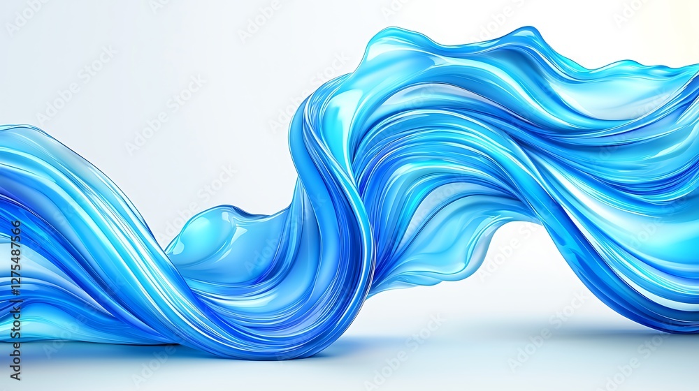 Poster blue flowing ribbon art. fluid dynamic flowing fabric on a white backdrop. abstract wave design. mod