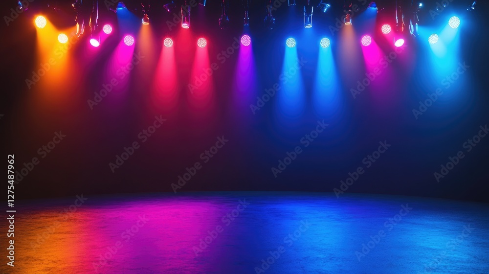 Poster modern multicolor stage design with dynamic light bulbs and a glossy surface, featuring a vibrant co