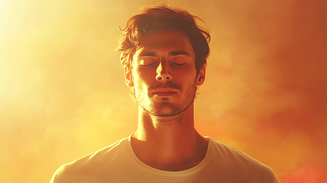 A serene man meditating in a warm, glowing environment.
