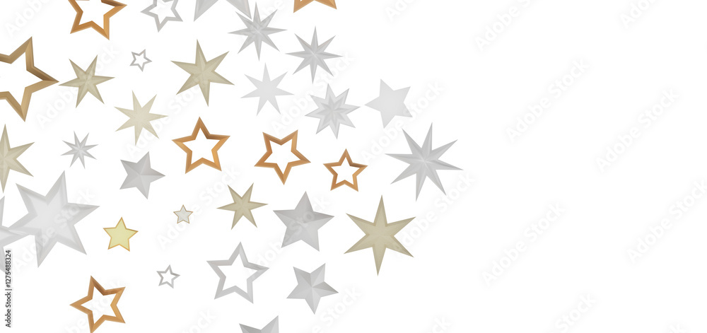 Poster a colorful and vibrant abstract pattern of stars in gold, silver and white against a black backgroun