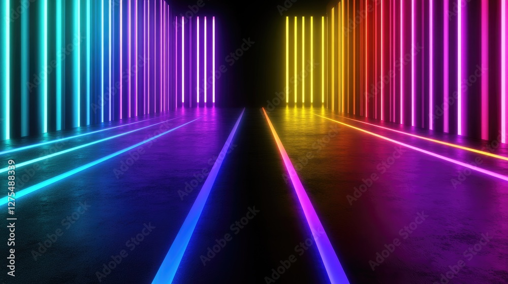 Poster Neon lights glowing in a 3D rendered dark space, creating a high-tech, futuristic atmosphere with deep shadows and vibrant neon colors