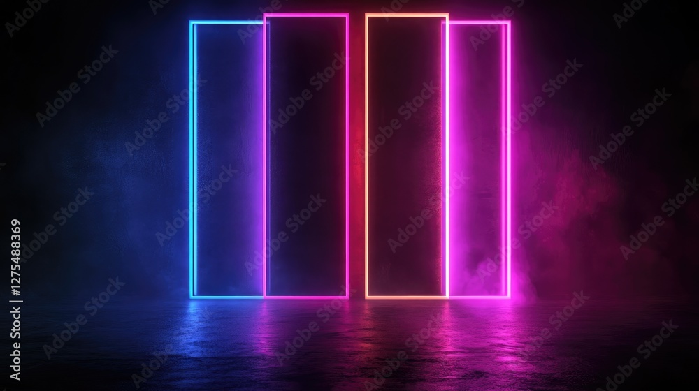 Poster Neon lights glowing in a 3D rendered dark space, creating a high-tech, futuristic atmosphere with deep shadows and vibrant neon colors