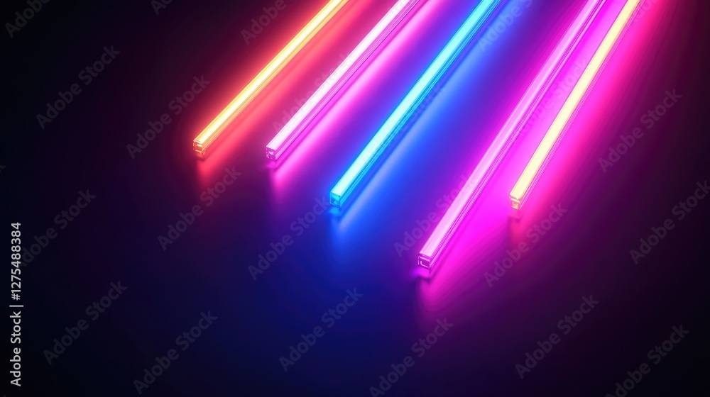 Poster Neon lights glowing in a 3D rendered dark space, creating a high-tech, futuristic atmosphere with deep shadows and vibrant neon colors