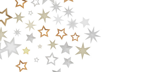 A colorful and vibrant abstract pattern of stars in gold, silver and white against a black background.