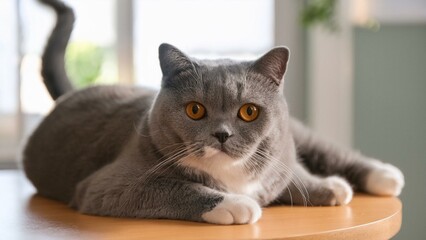 British short-haired cat resting comfortably on a wooden table indoors  

