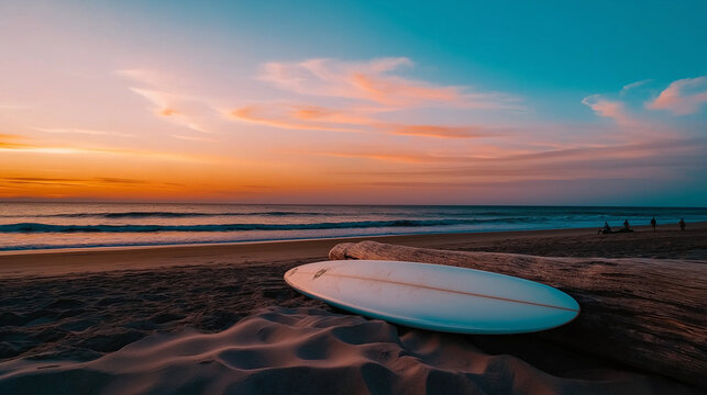 A lone surfboard resting against a driftwood log on a peaceful, empty beach, with the horizon stretching out under a pastel-colored sunset sky.