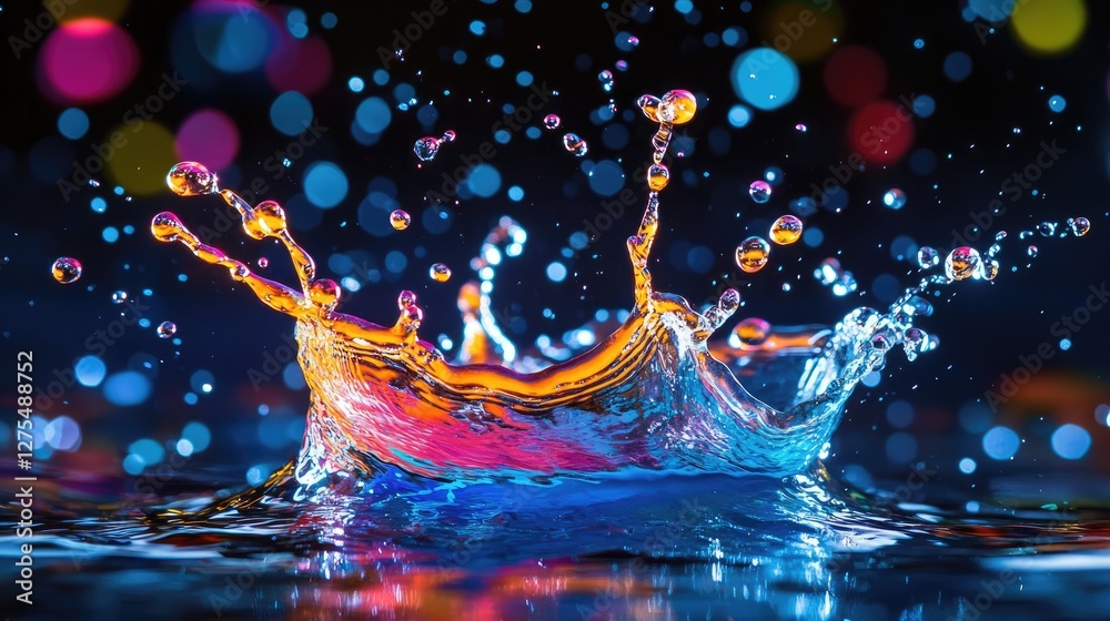 Poster Neon-colored water splash with droplets suspended in the air, creating intricate patterns and designs against a deep, dark background, full of energy and movement
