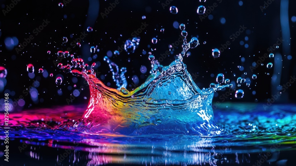Poster Neon-colored water splash with droplets suspended in the air, creating intricate patterns and designs against a deep, dark background, full of energy and movement