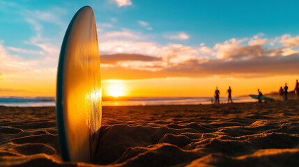 A sunset silhouette of a surfboard on the sand, with surfers gathered around in the golden glow, preparing for their evening surf session against the colorful sky.