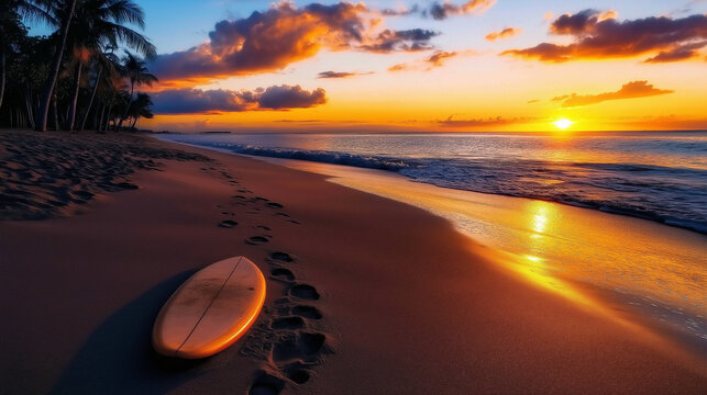 A couple of surfboards resting in the sand at the edge of the water, with footprints trailing from the shore to the waves and a vibrant sunset illuminating the scene.