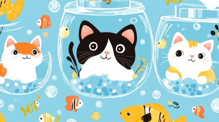 Cute Kittens in Fishbowls with Colorful Fish and Bubbles Design