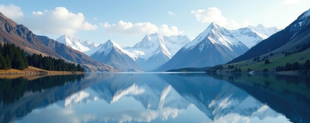 Snowy mountain peaks reflected in the calm river, peaceful, calm