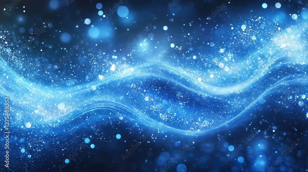 Poster Sparkling blue waves flow through the background in an abstract design, creating a sense of movement and dynamism with elegant, fluid motion