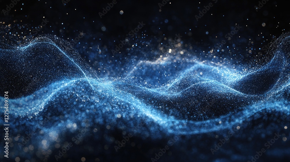 Poster Sparkling blue waves flow through the background in an abstract design, creating a sense of movement and dynamism with elegant, fluid motion