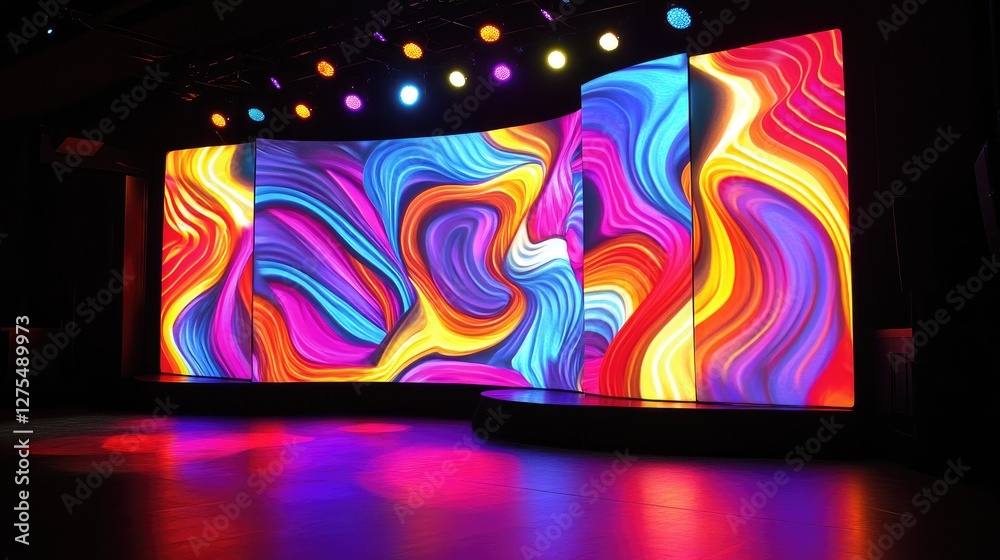 Poster swirling, vibrant patterns and illuminated light bulbs create a high-energy stage backdrop with brig