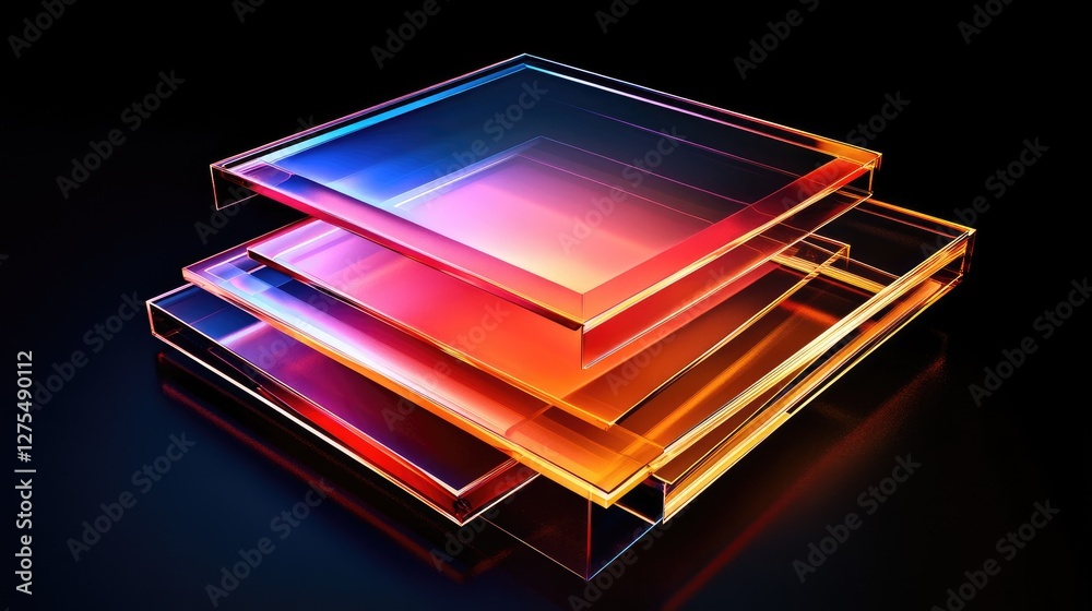 Poster Transparent geometric shapes with glowing edges create a dynamic layered 3D abstract design, evoking a modern, futuristic aesthetic