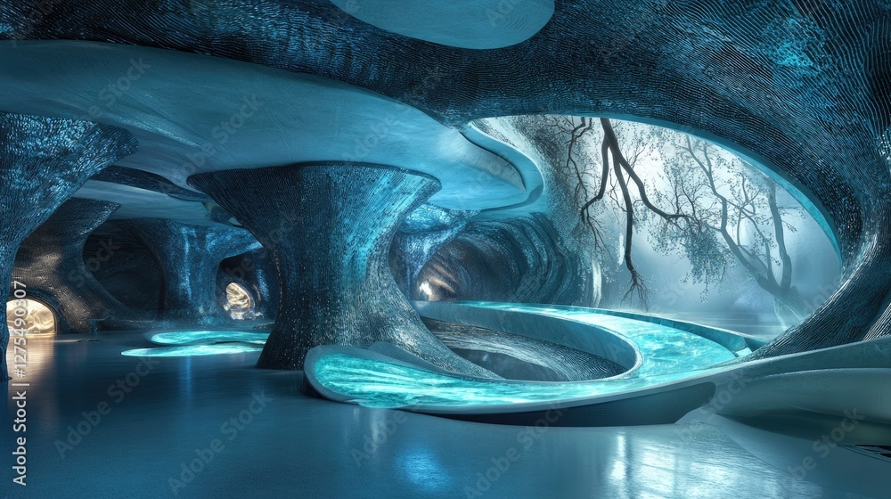 Poster turquoise-toned futuristic space with organic design elements and textured walls, illuminated by lig