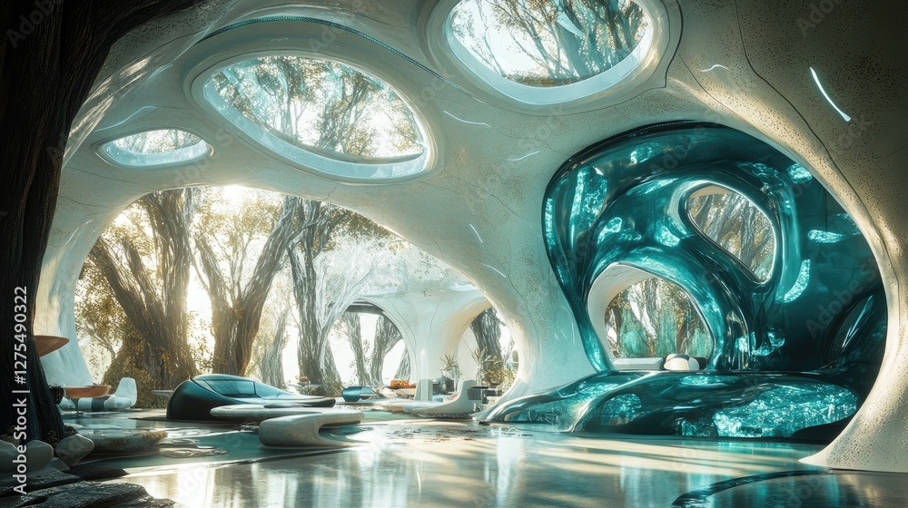 Poster turquoise-toned futuristic space with organic design elements and textured walls, illuminated by lig