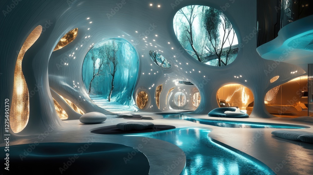 Poster turquoise-toned futuristic space with organic design elements and textured walls, illuminated by lig
