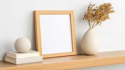Minimalist Interior Setup Featuring Empty Wooden Frame and Decorative Objects on Shelf