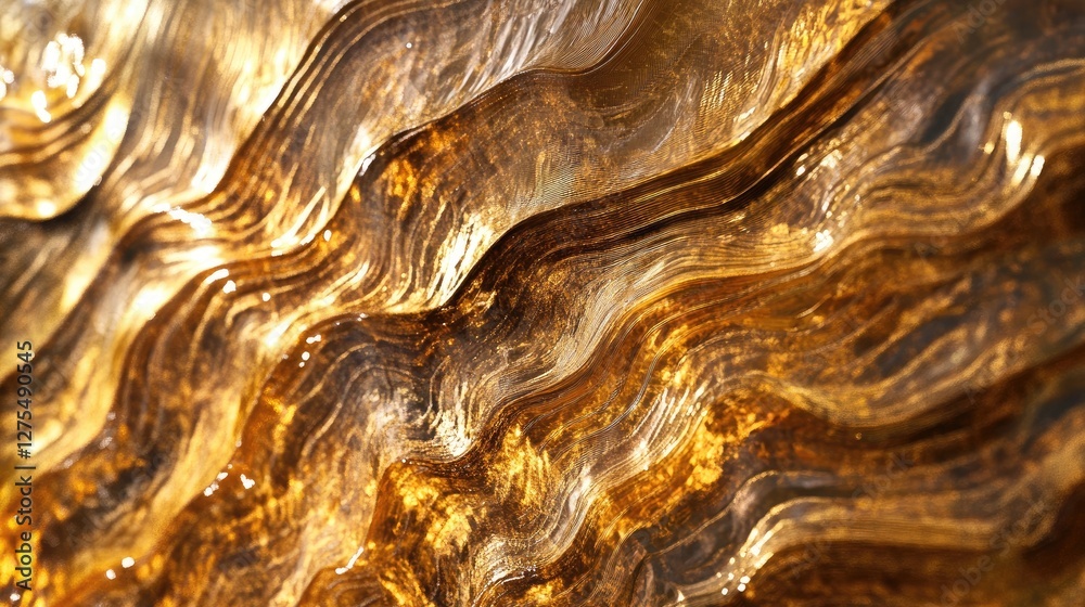 Poster Undulating golden liquid waves in 3D, creating a rich, metallic texture with a gleaming surface that forms an abstract and captivating art piece