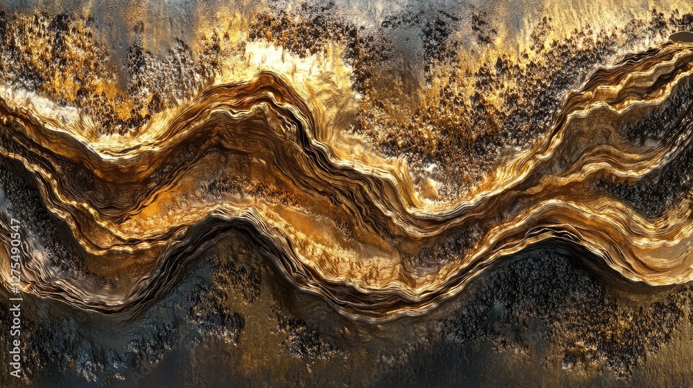 Aufkleber Undulating golden liquid waves in 3D, creating a rich, metallic texture with a gleaming surface that forms an abstract and captivating art piece