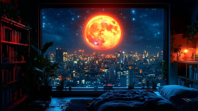 Giant full moon overlooking illuminated cityscape through bedroom window at night. Seamless looping 4K time-lapse animation video background