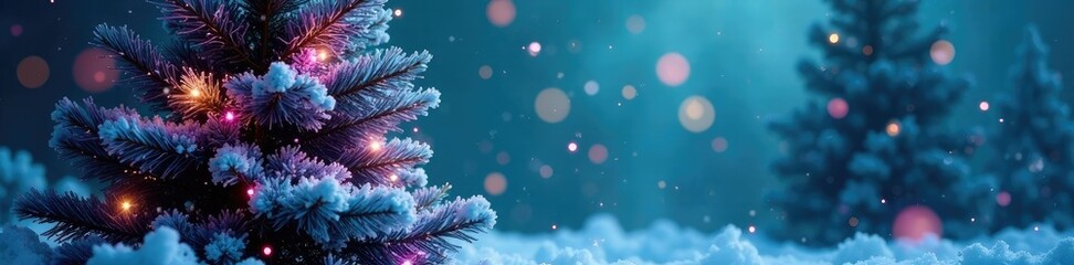 Fototapeta premium Teal and purple snowflakes falling around the Christmas tree, christmas, purple