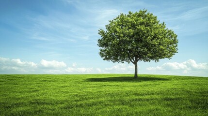 Obraz premium Solitary Tree in a Verdant Meadow under a Serene Sky