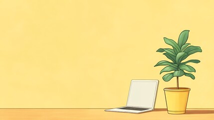 Minimalist Workspace Featuring Laptop and Potted Plant Against Soft Yellow Background