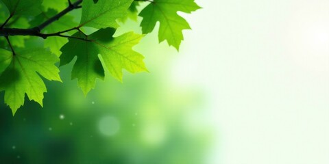 Fototapeta na wymiar Vibrant Green Leaves on Branch, Sunlight Illuminates Lush Foliage, Soft Focus Background for Nature Designs