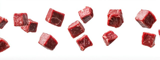 Falling meat cubes isolated on a white background, showcasing fresh, succulent cuts in mid-air.