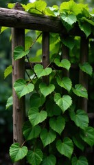 Vines of green autumn cherry leaves tangled on a rustic wooden trellis, green, nature, autumnal