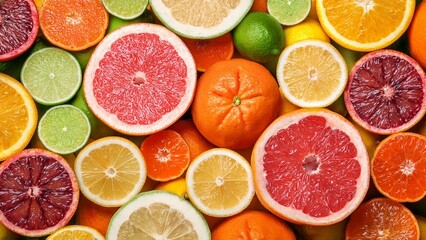 Different citrus fruits sliced and arranged as a natural background. Vibrant and fresh look  

