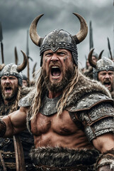 An enraged viking warrior leads his shield brothers into the fray, ready for battle.