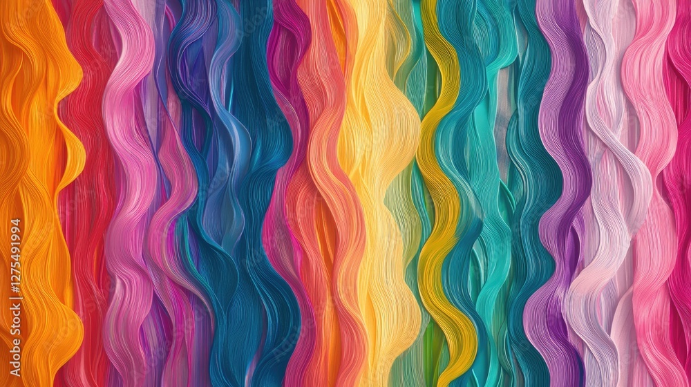 Poster Vibrant multicolor gradient brushstrokes merge seamlessly to form an abstract, wavy texture, creating a colorful and dynamic background