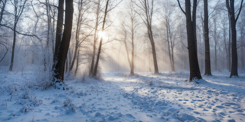 Sunlight filters through the trees in a snow-covered forest, creating a peaceful winter landscape.